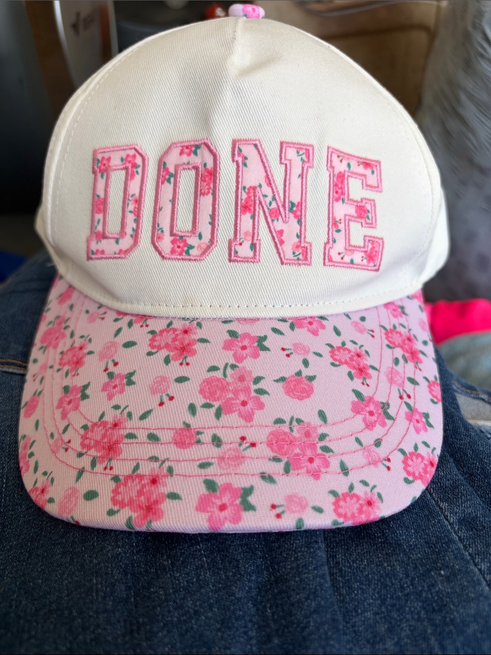 Kids Floral 'DONE' Baseball Cap - Pink and Cream